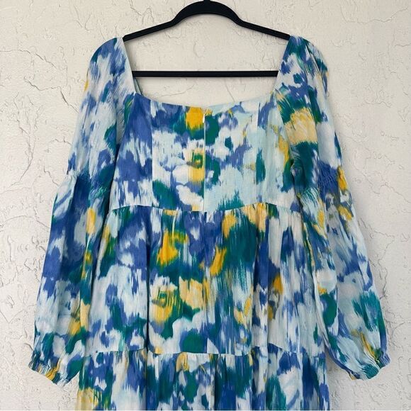 DONNA MORGAN Linen Floral Midi Dress 10 Puff Sleeve Square Neck Bohemian Prairie - Picture 9 of 11